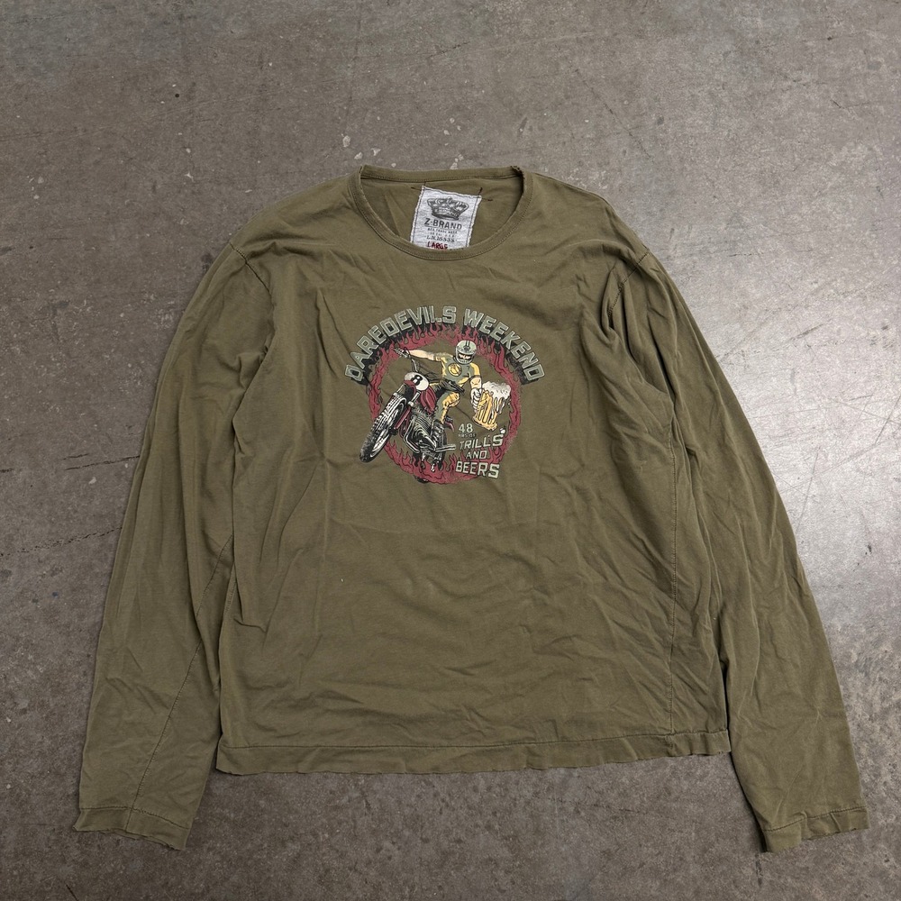 Z-Brand Mens Daredevils Weekend Motorcycle Graphic Long Sleeve T-Shirt Olive L